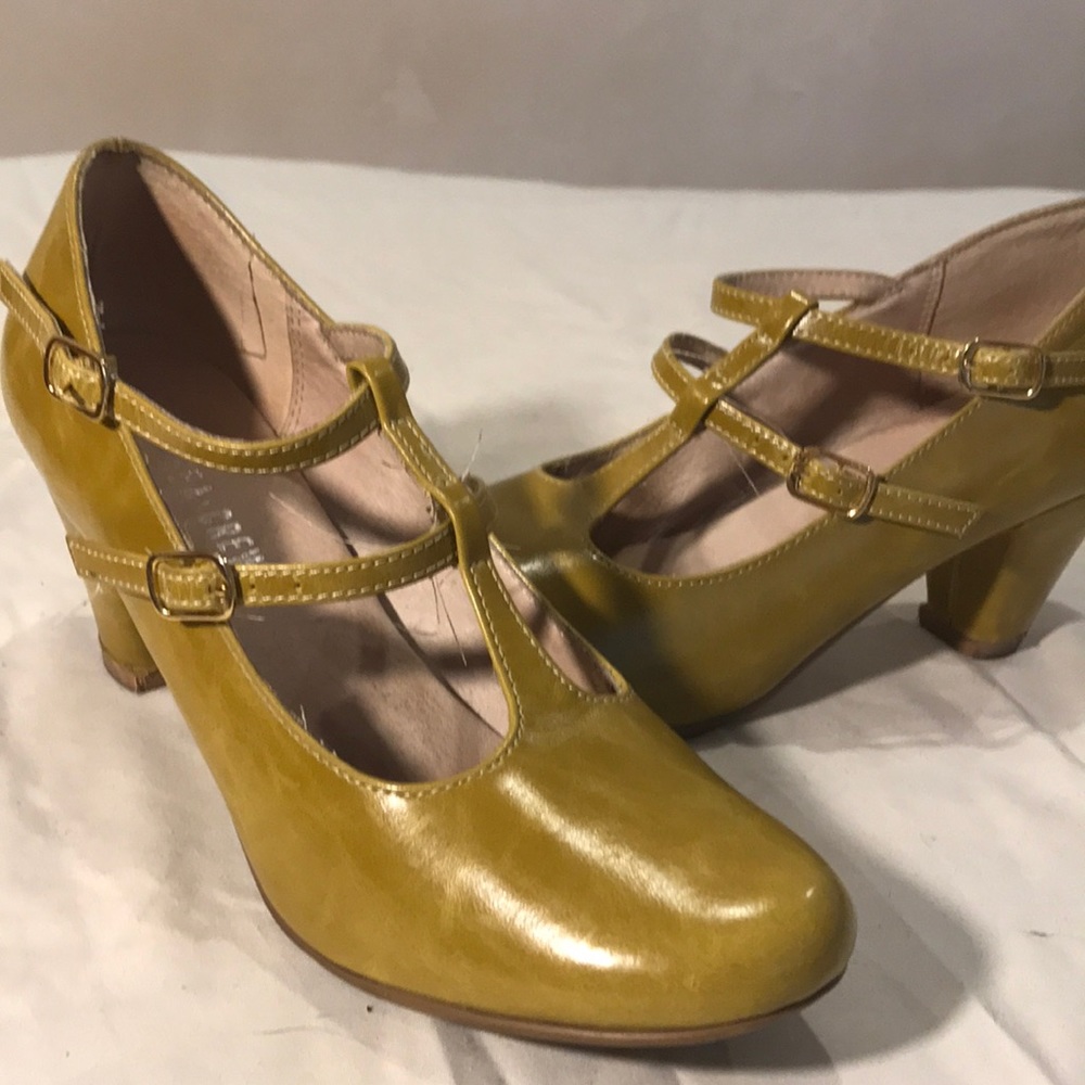 Mustard yellow double strap cage heels